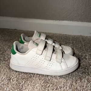 adidas Kids White Sneakers with Green Heel Tab Velcro